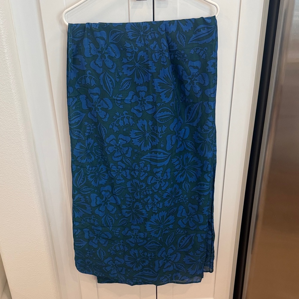 Mikoh Hibiscus Print Cotton-Silk Sarong in Green and Blue